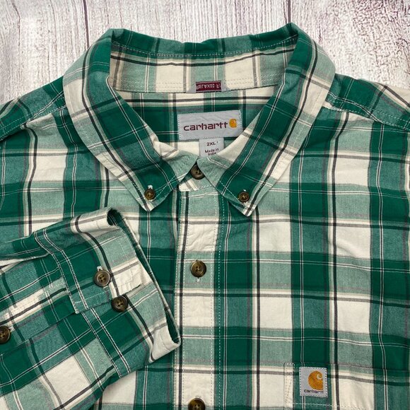 Carhartt Button Down Shirt Mens XXL Green White Navy‎ Plaid Long Sleeve Cotton - Picture 1 of 7